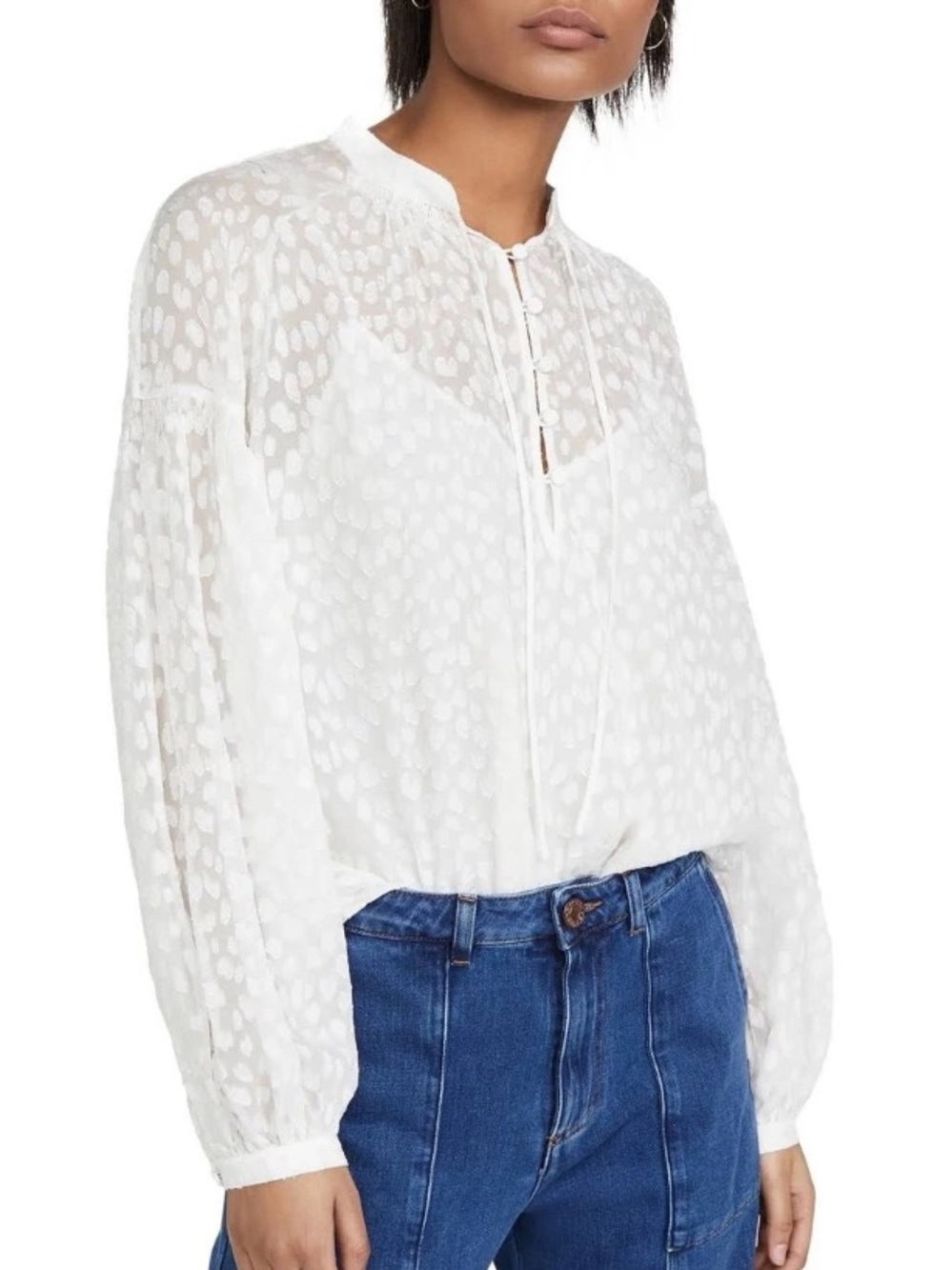 Frame Silk Smocked Peasant Top in Off White